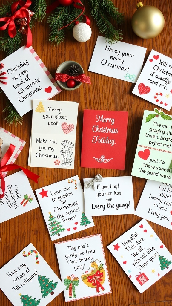 A collection of handmade Christmas cards with jokes, decorated with festive designs and surrounded by holiday decorations.